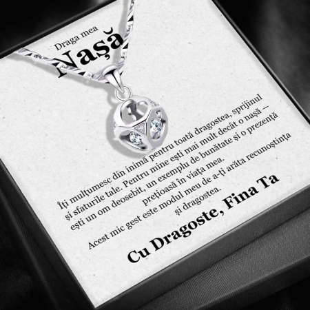 CADOU NAȘI - Set cadou Nașă-Colier  cu pandantiv  Cubul infinitului  din Argint 925 placat cu rodiu, Cutie Elegantă și Felicitare Personalizată