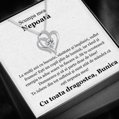 CADOU NEPOATĂ - Set Cadou Nepoată-Colier cu Pandativ Inima Eterna din Argint 925 placat cu rodiu, Cutie Elegantă și Felicitare Personalizată