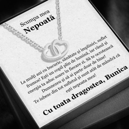 CADOU NEPOATĂ - Set Cadou Nepoată-Colier cu Pandativ Inimi Pereche din Argint 925 placat cu rodiu, Cutie Elegantă și Felicitare Personalizată