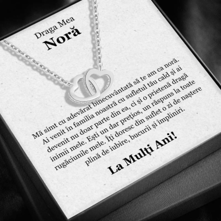 CADOU NORĂ - Set Cadou Noră – Colier cu Pandativ Inimi Pereche din Argint 925 placat cu rodiu, Cutie Elegantă și Felicitare Personalizată