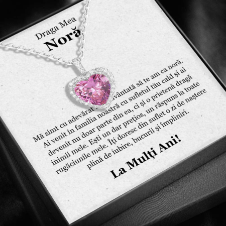 CADOU NORĂ - Set Cadou Noră – Colier cu Pandativ Perla Roz din Argint 925 placat cu rodiu, Cutie Elegantă și Felicitare Personalizată