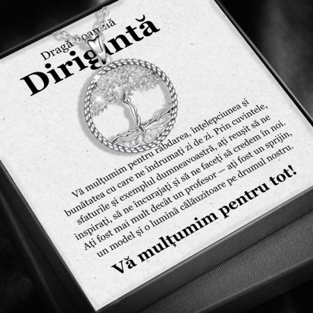 CADOU PROFESORI - Set Cadou pentru Doamnă Dirigintă– Colier cu Pandativ Copacul Intelepciunii din Argint 925 placat cu rodiu, Cutie Elegantă și Felicitare Personalizată