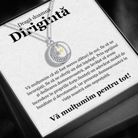 CADOU PROFESORI - Set Cadou pentru Doamnă Dirigintă– Colier cu Pandativ Lumina lunii din Argint 925 placat cu rodiu, Cutie Elegantă și Felicitare Personalizată