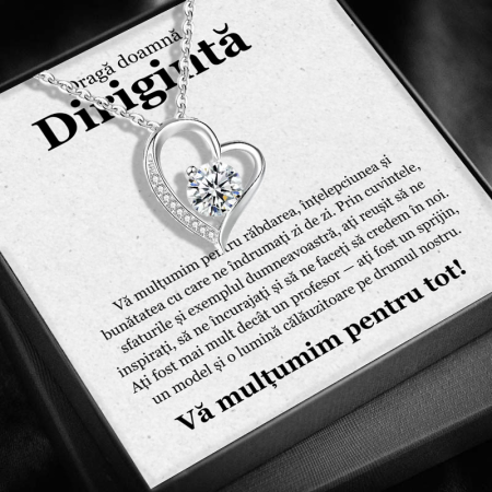 CADOU PROFESORI - Set Cadou pentru Doamnă Dirigintă– Colier cu Pandativ Secretul Inimii din Argint 925 placat cu rodiu, Cutie Elegantă și Felicitare Personalizată