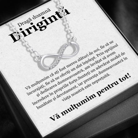 CADOU PROFESORI - Set Cadou pentru Doamnă Dirigintă– Colier cu Pandativ Taina Infinitului din Argint 925 placat cu rodiu, Cutie Elegantă și Felicitare Personalizată