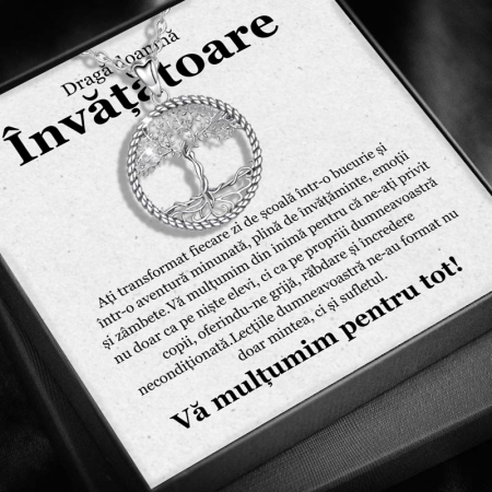 CADOU PROFESORI - Set Cadou pentru Doamna Învățătoare– Colier cu Pandativ Copacul Intelepciunii din Argint 925 placat cu rodiu, Cutie Elegantă și Felicitare Personalizată