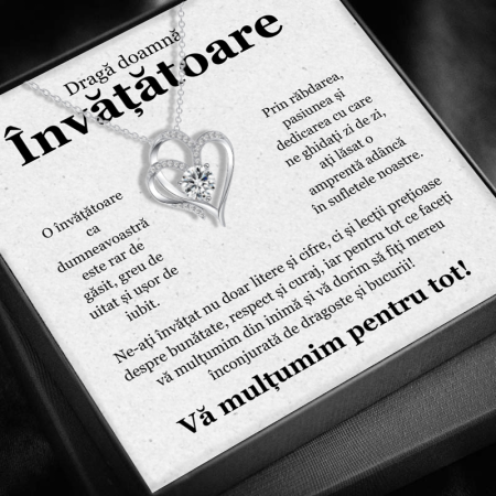 CADOU PROFESORI - Set Cadou pentru Doamna Învățătoare– Colier cu Pandativ Inima Eterna din Argint 925 placat cu rodiu, Cutie Elegantă și Felicitare Personalizată