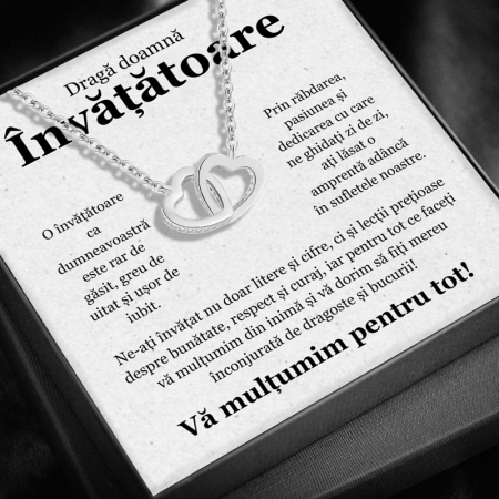 CADOU PROFESORI - Set Cadou pentru Doamna Învățătoare– Colier cu Pandativ Inimi Pereche din Argint 925 placat cu rodiu, Cutie Elegantă și Felicitare Personalizată