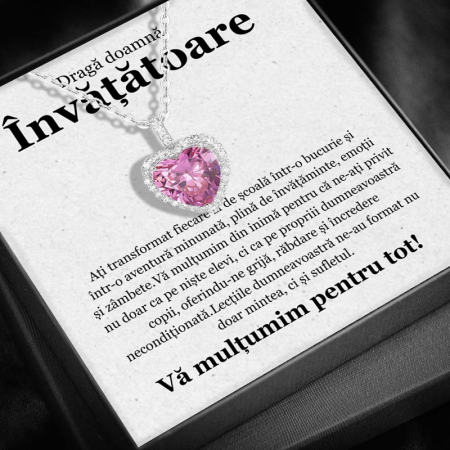 CADOU PROFESORI - Set Cadou pentru Doamna Învățătoare– Colier cu Pandativ Perla Roz din Argint 925 placat cu rodiu, Cutie Elegantă și Felicitare Personalizată