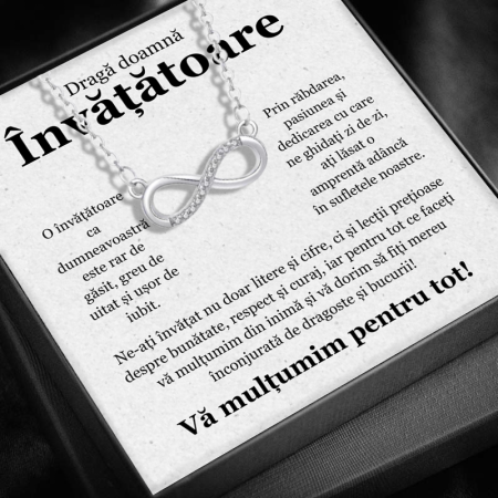 CADOU PROFESORI - Set Cadou pentru Doamna Învățătoare– Colier cu Pandativ Taina Infinitului din Argint 925 placat cu rodiu, Cutie Elegantă și Felicitare Personalizată