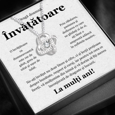 FEMEI - Set Cadou pentru Doamna Învățătoare LD7411– Colier cu Pandativ Love Knot  din Argint 925 placat cu rodiu, Cutie Elegantă și Felicitare