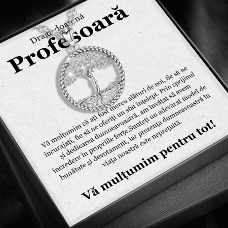 CADOU PROFESORI - Set Cadou pentru Doamna Profesoară– Colier cu Pandativ Copacul Intelepciunii din Argint 925 placat cu rodiu, Cutie Elegantă și Felicitare Personalizată