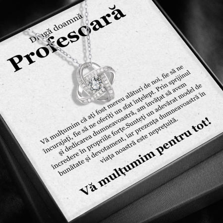 CADOU PROFESORI - Set Cadou pentru Doamna Profesoară– Colier cu Pandativ Love Knot din Argint 925 placat cu rodiu, Cutie Elegantă și Felicitare Personalizată