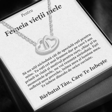 CADOU IUBITĂ - Set Cadou pentru Femeia Vieții Mele, – Colier cu Pandativ Inimi Pereche din Argint 925 placat cu rodiu, Cutie Elegantă și Felicitare Personalizată