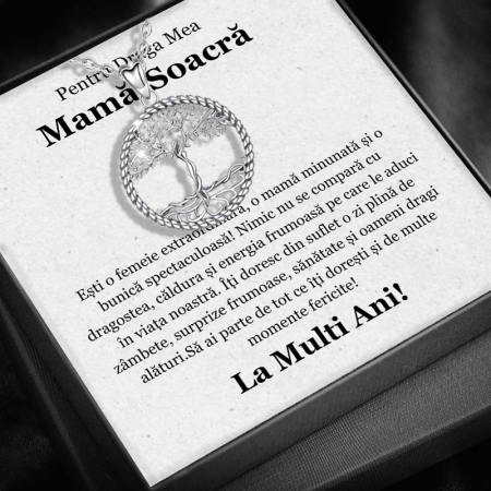 CADOU SOACRĂ - Set Cadou pentru Mamă Soacră– Colier cu Pandativ Copacul Intelepciuniii din Argint 925 placat cu rodiu, Cutie Elegantă și Felicitare Personalizată