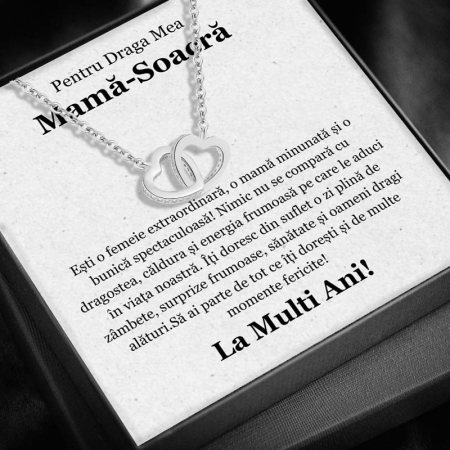 CADOU SOACRĂ - Set Cadou pentru Mamă Soacră– Colier cu Pandativ Inimi Pereche din Argint 925 placat cu rodiu, Cutie Elegantă și Felicitare Personalizată