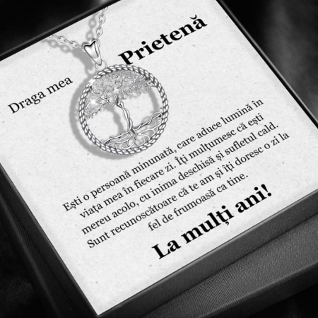 CADOU PRIETENĂ - Set Cadou Prietenă -Colier cu Pandativ Copacul Intelepciunii din Argint 925 placat cu rodiu, Cutie Elegantă și Felicitare Personalizată