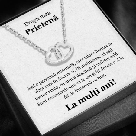 CADOU PRIETENĂ - Set Cadou Prietenă -Colier cu Pandativ Inimi Pereche din Argint 925 placat cu rodiu, Cutie Elegantă și Felicitare Personalizată