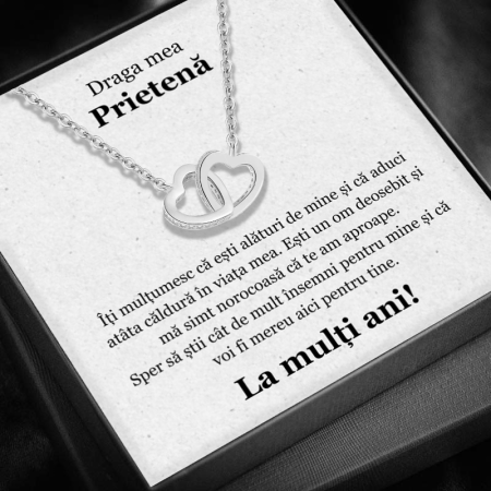 CADOU PRIETENĂ - Set Cadou Prietenă -Colier cu Pandativ Inimi Pereche din Argint 925 placat cu rodiu, Cutie Elegantă și Felicitare Personalizată