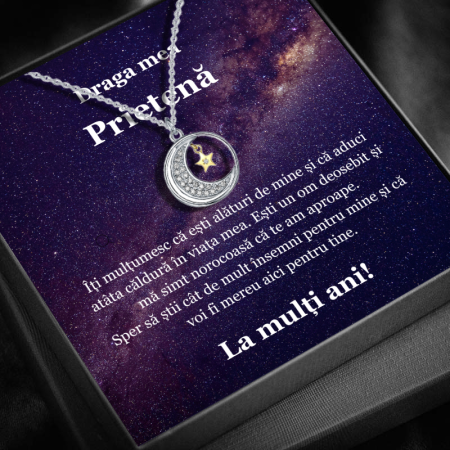 CADOU PRIETENĂ - Set Cadou Prietenă -Colier cu Pandativ Lumina lunii din Argint 925 placat cu rodiu, Cutie Elegantă și Felicitare Personalizată