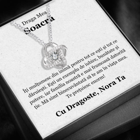 CADOU SOACRĂ - Set Cadou Soacră– Colier cu Pandativ Love Knot  din Argint 925 placat cu rodiu, Cutie Elegantă și Felicitare Personalizată