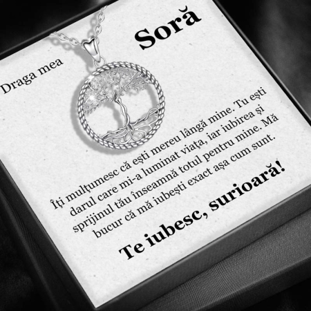 CADOU SORĂ - Set Cadou Soră  – Colier cu Pandativ Copacul Intelepciunii din Argint 925 placat cu rodiu, Cutie Elegantă și Felicitare Personalizată