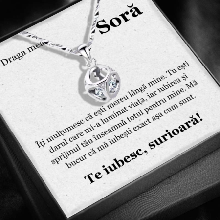 CADOU SORĂ - Set Cadou Soră  – Colier cu Pandativ Cubul infinitului din Argint 925 placat cu rodiu, Cutie Elegantă și Felicitare Personalizată