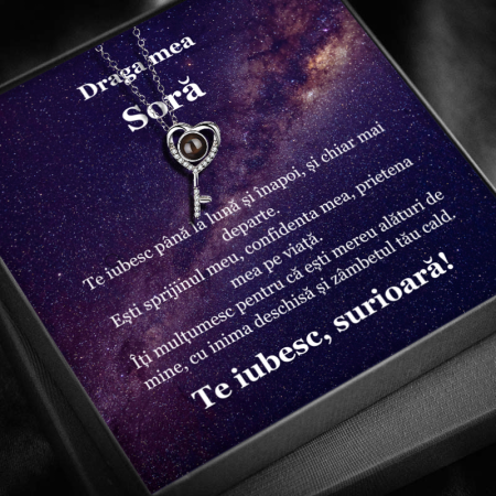 CADOU SORĂ - Set Cadou Soră  – Colier cu Pandativ Cheia destinului din Argint 925 placat cu rodiu, Cutie Elegantă și Felicitare Personalizată