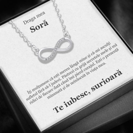 CADOU SORĂ - Set Cadou Soră  – Colier cu Pandativ Taina Infinitului din Argint 925 placat cu rodiu, Cutie Elegantă și Felicitare Personalizată