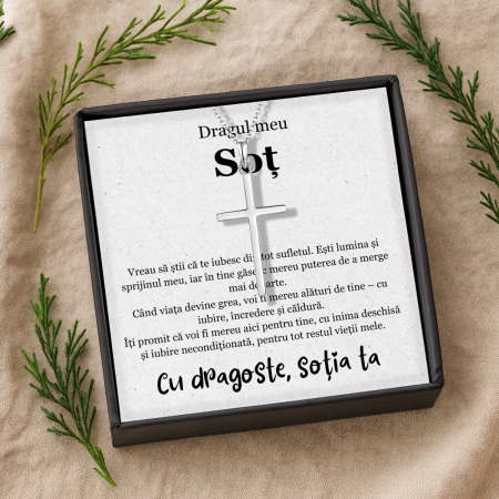 CADOU SOȚ - Set Cadou Soț – Colier  cu pandativ cruce din argint 925, Pacea sufletului, placat cu rodiu, Cutie Elegantă și Felicitare Personalizată