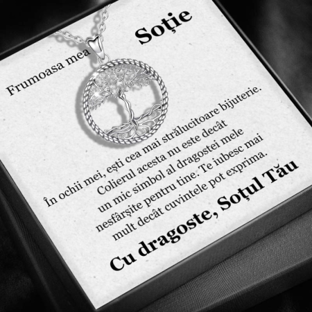 CADOU SOȚIE - Set Cadou Soție – Colier cu Pandativ Copacul Intelepciunii din Argint 925 placat cu rodiu, Cutie Elegantă și Felicitare Personalizată
