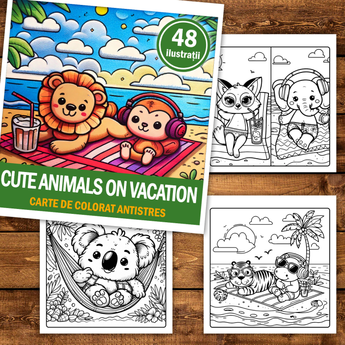 Carte de colorat, 48 de ilustratii Cute Animals on Vacation, 102 pagini [2]