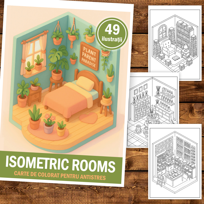 Carte de colorat, 49 de ilustratii Isometric Rooms, 104 pagini [2]