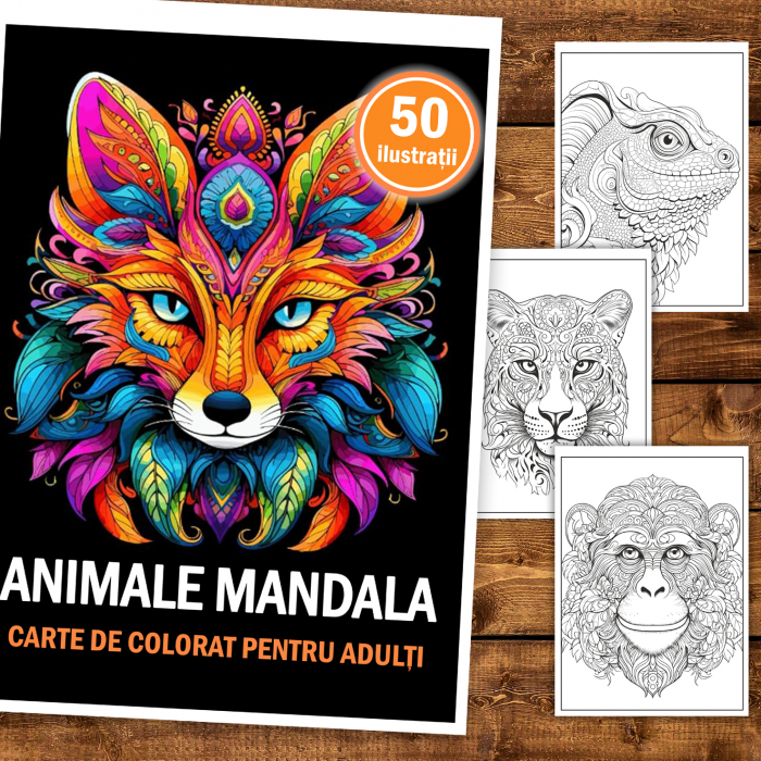 Carte de colorat, 50 de ilustratii, Animale Mandala, 106 pagini [2]