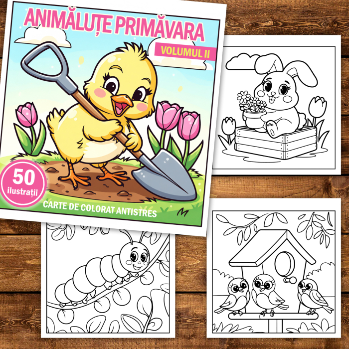 Carte de colorat, 50 de ilustratii Animalute Primavara - Volumul II, 106 pagini [2]