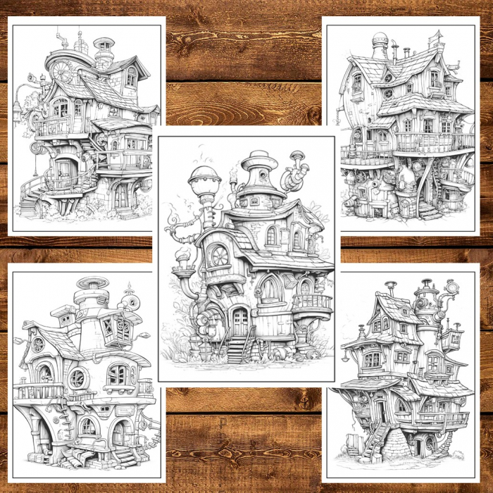 Carte de colorat, 50 de ilustratii, Case Steampunk, 106 pagini [5]
