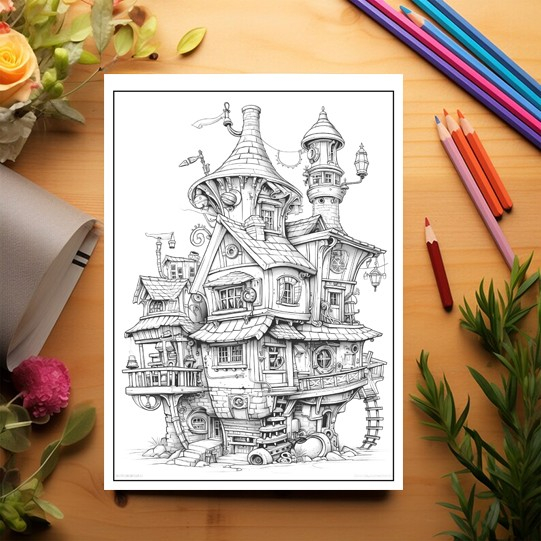Carte de colorat, 50 de ilustratii, Case Steampunk, 106 pagini [3]