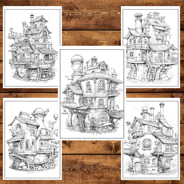 Carte de colorat, 50 de ilustratii, Case Steampunk, 106 pagini [6]
