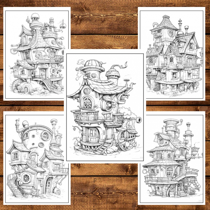 Carte de colorat, 50 de ilustratii, Case Steampunk, 106 pagini [4]