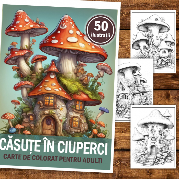 Carte de colorat, 50 de ilustratii, Casute in Ciuperci, 106 pagini [2]