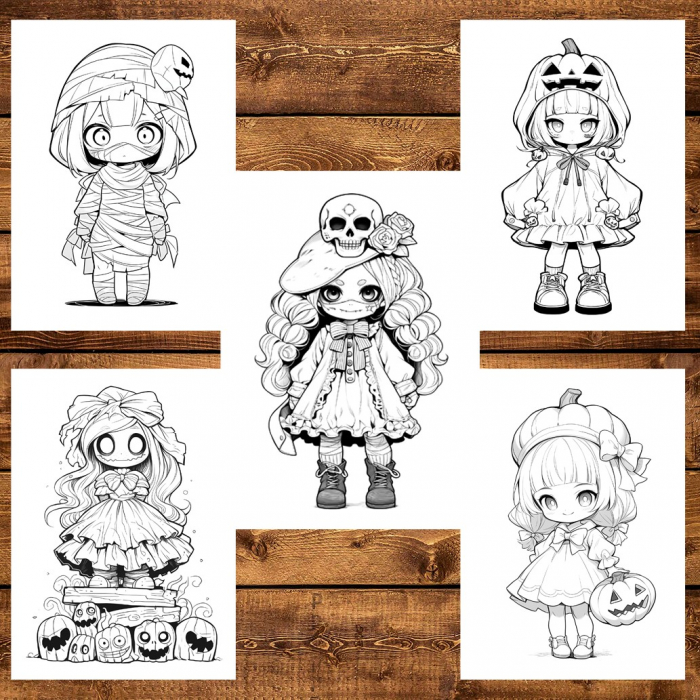 Carte de colorat, 50 de ilustratii, Chibi Halloween Girls, 106 pagini [6]