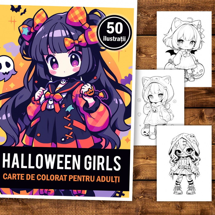 Carte de colorat, 50 de ilustratii, Chibi Halloween Girls, 106 pagini [2]