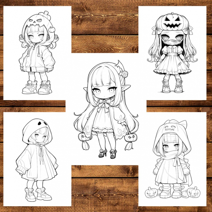 Carte de colorat, 50 de ilustratii, Chibi Halloween Girls, 106 pagini [5]