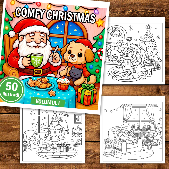 Carte de colorat, 50 de ilustratii Comfy Christmas - Volumul I, 106 pagini [2]