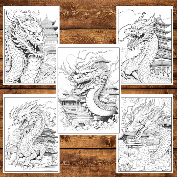 Carte de colorat, 50 de ilustratii, Dragoni Asiatici, 106 pagini [6]