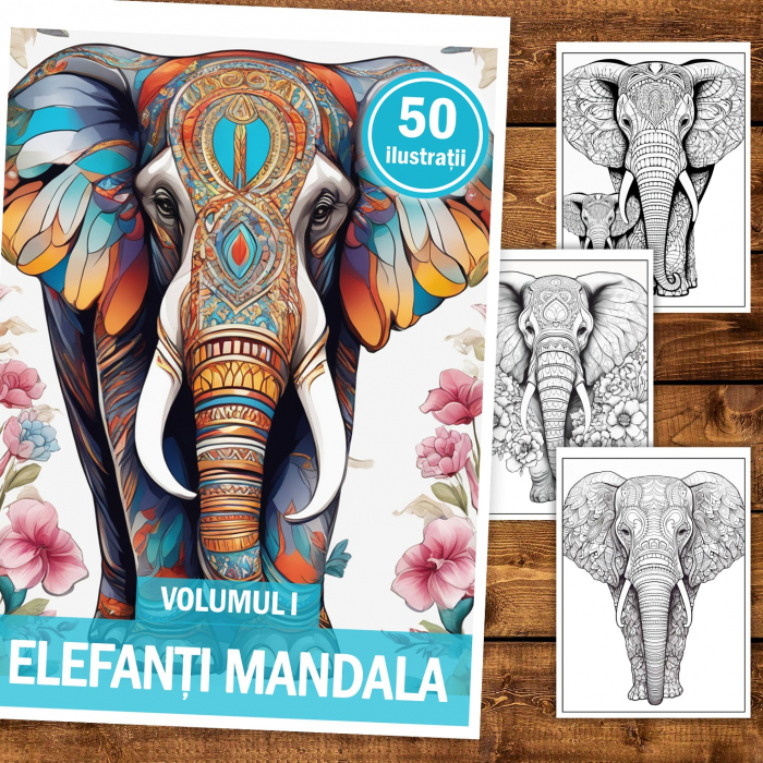 Carte de colorat, 50 de ilustratii, Elefanti Mandala - Volumul I, 106 pagini [1]