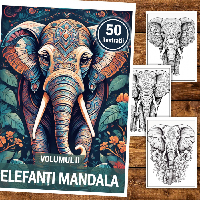 Carte de colorat, 50 de ilustratii, Elefanti Mandala - Volumul II, 106 pagini [1]
