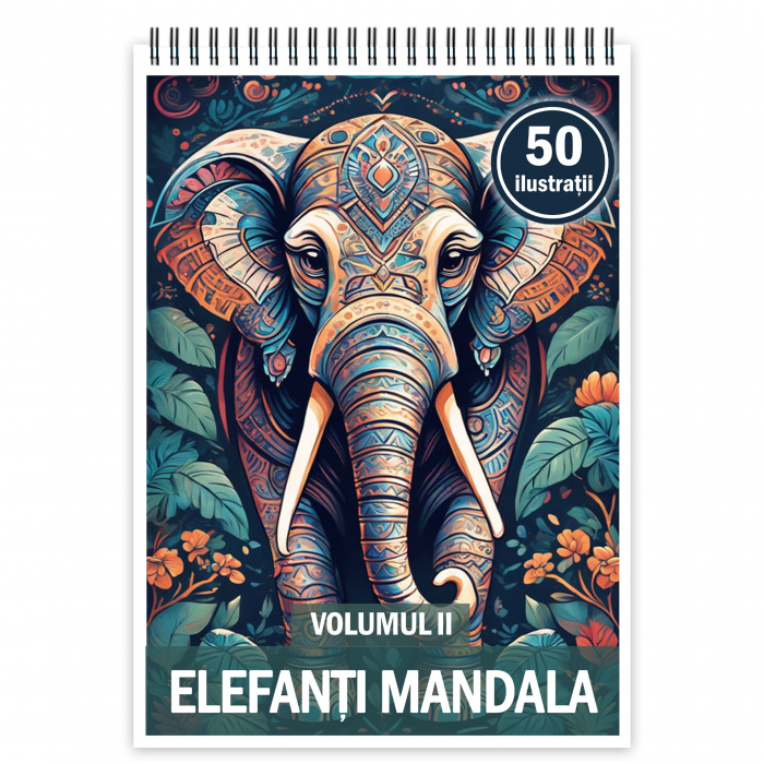 Carte de colorat, 50 de ilustratii, Elefanti Mandala - Volumul II, 106 pagini [3]