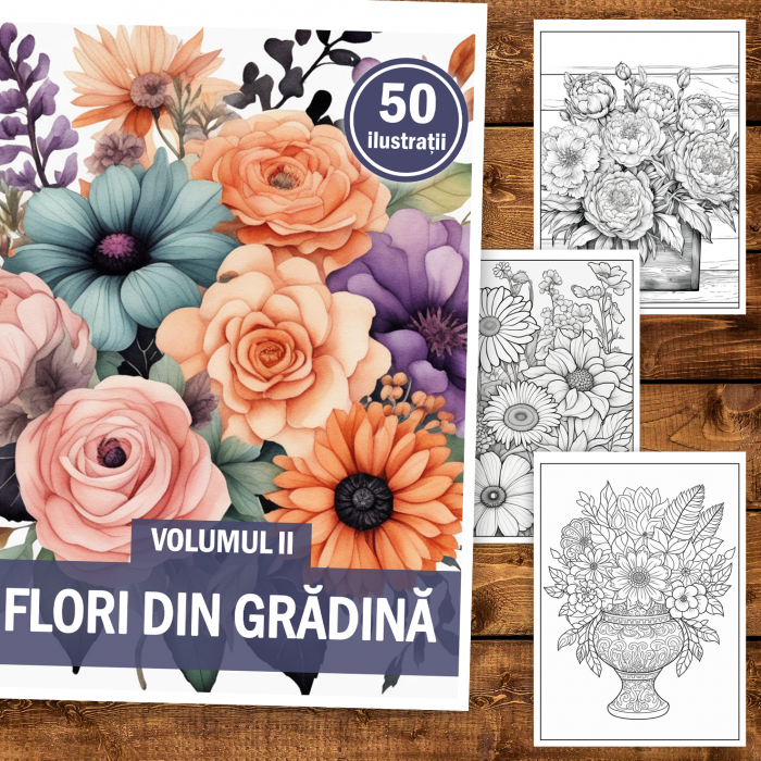 Carte de colorat, 50 de ilustratii, Flori din Gradina - Volumul II, 106 pagini [2]