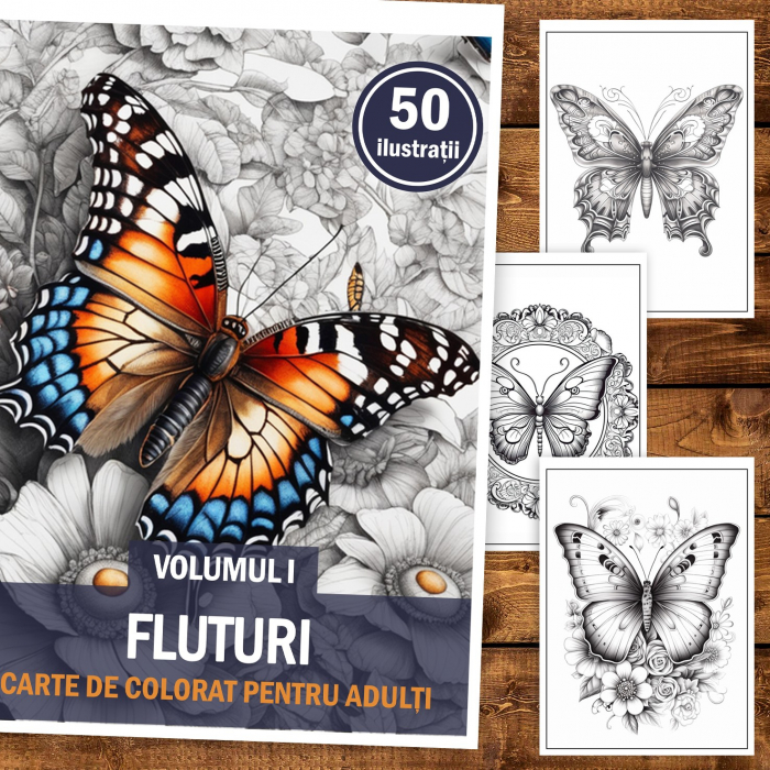 Carte de colorat, 50 de ilustratii, Fluturi - Volumul I, 106 pagini [2]